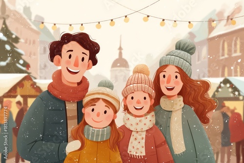 Winter scene of a family smiling together at a festive outdoor market