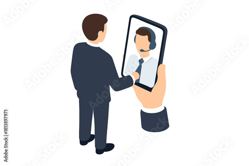 Customer service interaction via mobile phone screen showing a support agent wearing a headset