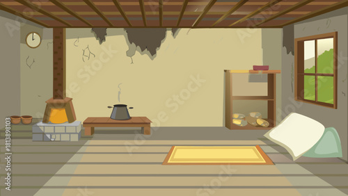 Inside a farmer mud house kitchen clay stove vector illustration ai generated art