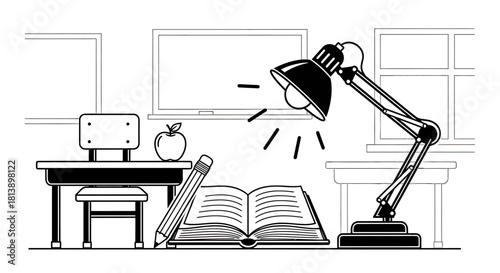 Desk lamp illuminating an open book with a pencil and apple.