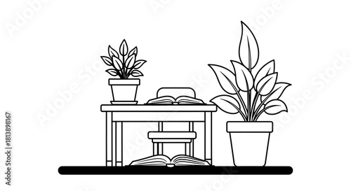 Desk with plants and books, a study space for learning and reading.