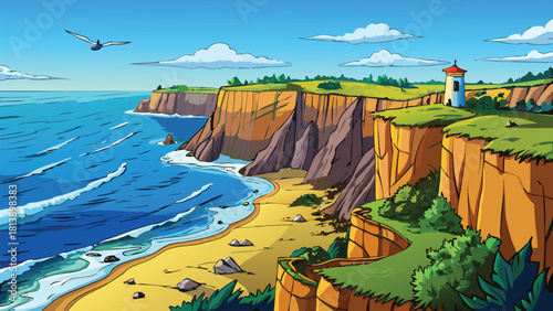 High cliff overlooking the wide blue ocean waves vector illustration ai generated art
