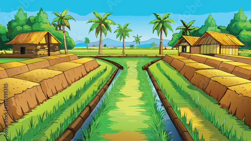 Soft golden dusk settling on an Asian village beneath a giant tree vector illustration ai generated art