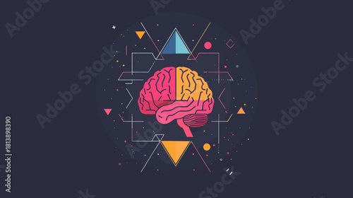 Artistic illustration of a human brain with geometric shapes on dark background