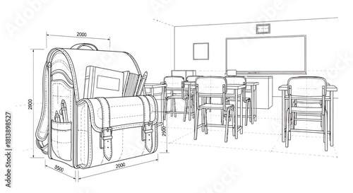 Detailed Line Drawing of a Traditional Japanese School Bag.
