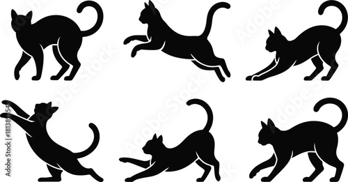 Black cat silhouettes in various dynamic poses arranged around a central circle