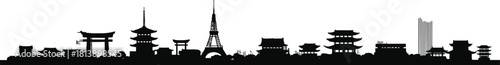 Tokyo Japan Skyline Silhouette Vector, Blending Traditional Temples, Pagodas, and Torii Gates with Modern City Skyscrapers, Asia Travel