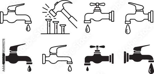 Collection of Faucet and Hammer Icons: Water Dripping and Nails Being Hit