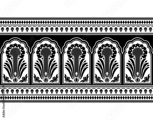 Traditional black and white seamless floral pattern, brushes. Indian art legacy. Indian, Arabic, Middle East classic style. Suzani style. 