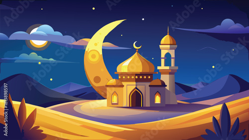 Glowing golden crescent moon above a small mosque vector illustration ai generated art