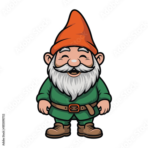 Cute cartoon garden gnome character with a big white beard, wearing a green tunic and an orange pointed hat, isolated on