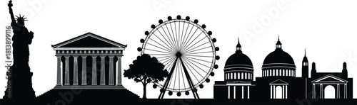 World Landmarks City Skyline Silhouette Vector, Statue of Liberty, Pantheon, London Eye, St. Paul's Cathedral, Travel Tourism