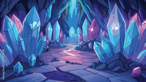 Glowing crystal formations inside dark cave blue vector illustration ai generated art