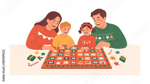 Family Festive Fun: A cheerful family, filled with love and excitement, gathers around a decorative Advent calendar. They are ready to celebrate the joys and anticipation of the holiday season.