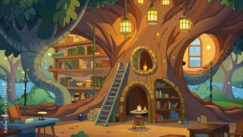 Giant hollow tree turned into a cozy library book vector illustration ai generated art