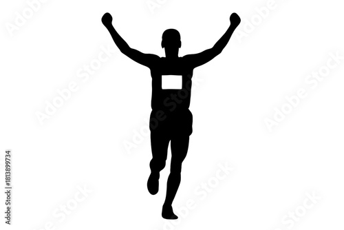 Triumphant runner silhouette raising arms in victory after crossing the finish line