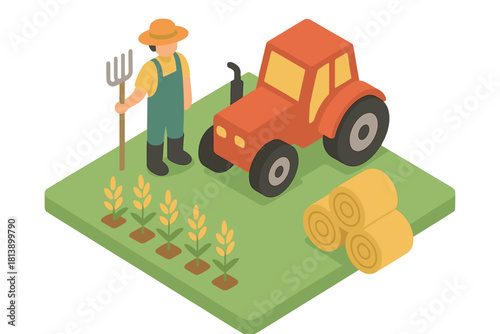 Farmer holding pitchfork next to red tractor, crops, and hay bales in isometric scene