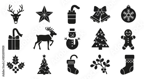 A curated set of black silhouette Christmas icons, featuring festive winter holiday symbols like reindeer, snowman, and decorated trees