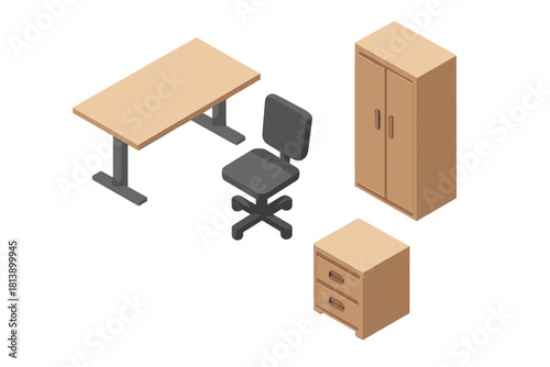 Minimalist isometric set of furniture including desk chair and storage cabinet