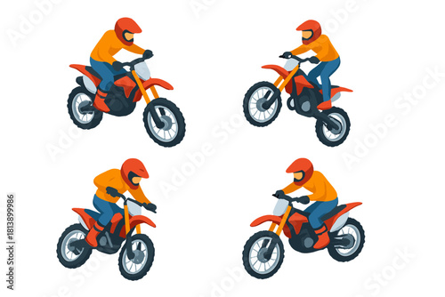Motocross riders on dirt bikes performing dynamic action poses