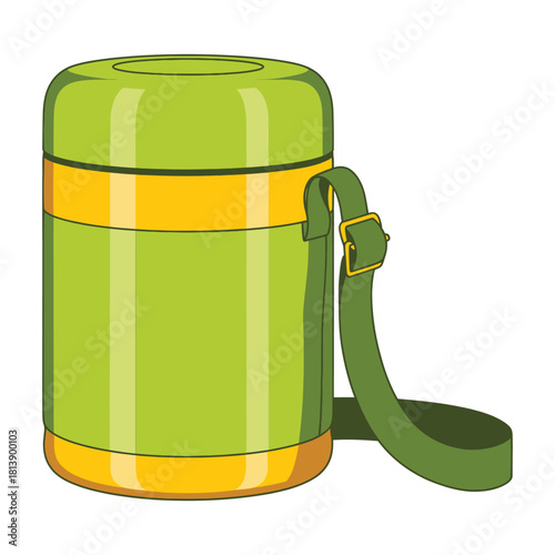 Cartoon illustration of a green and yellow insulated food container or thermos flask with a shoulder strap, isolated on