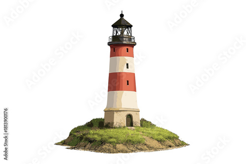 Striped lighthouse tower standing on a small grassy island isolated on white background