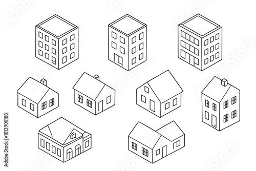 Collection of isometric residential buildings including single family houses and apartment blocks