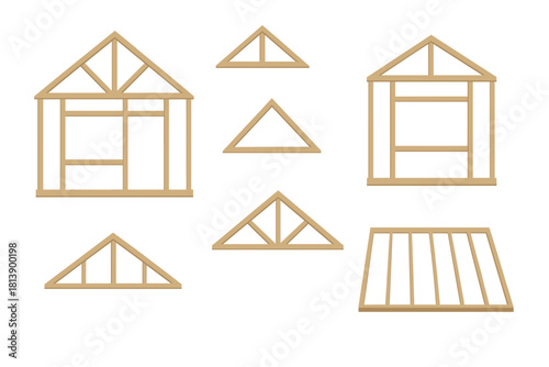 Set of wooden roof trusses and house framing components used in building structure