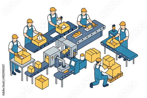 Workers packaging food products on an automated conveyor belt system in a manufacturing factory