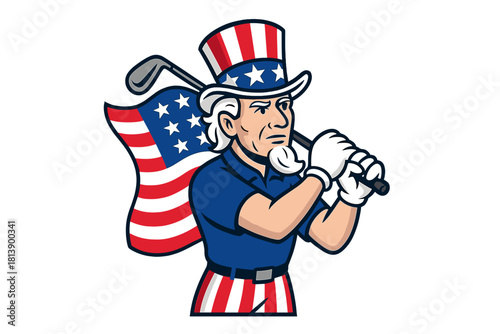 Uncle Sam patriotic mascot character playing golf against an American flag backdrop