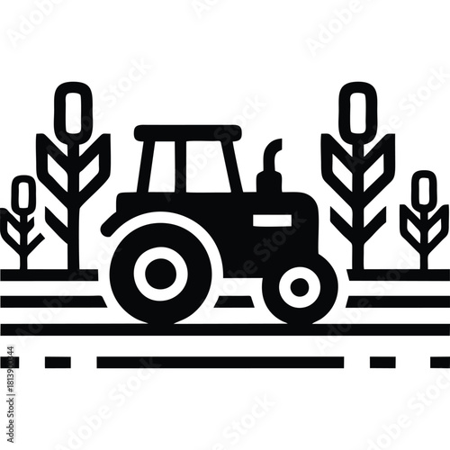 Farming & Agriculture Icon: Tractor in Field with Crops, Rural Work Symbol