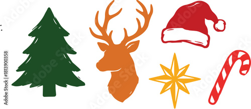 christmas tree with santa claus & deer hat colorful design layout, Santa hat, candy cane, snowflake, bell, wreath, Aesthetic flat graphic illustration festive holiday element set. 