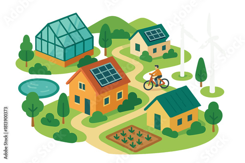 Eco-friendly neighborhood with solar powered homes, wind energy, and a cyclist on a path