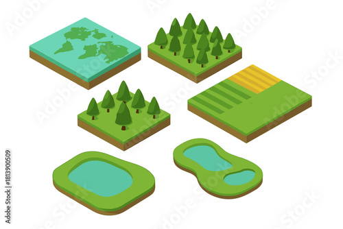 Isometric map building blocks set of natural landscapes including forests, fields, and ponds