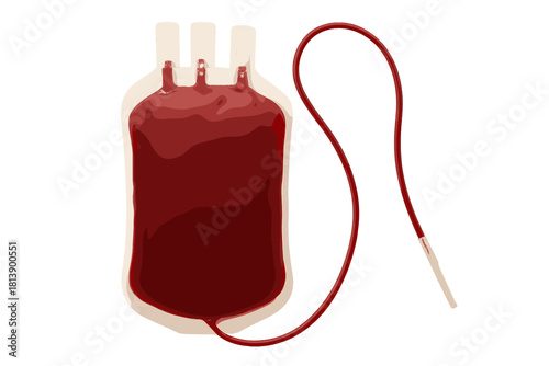 Medical blood bag filled with red liquid for transfusion and donation on white background