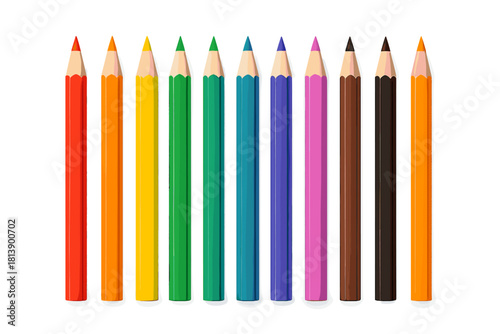 Collection of sharpened colored pencils standing vertically in a row displaying a full color palette