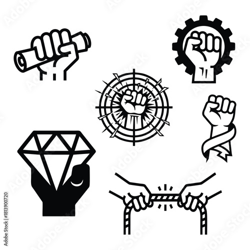 Strength, Unity & Power Icons: Fist, Gear, Rope Pulling, Diamond & Achievement Symbols
