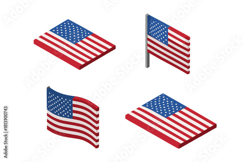 Isometric set of American flags in various positions and angles for patriotic design