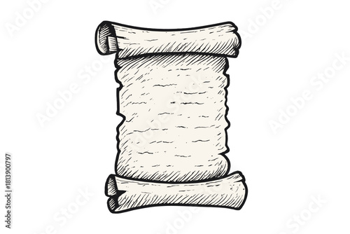 Vintage rolled parchment scroll with rough edges and sketch lines on a white background