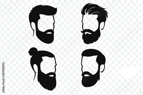 Four different male hipster hairstyles and full beard silhouettes for barbershop logo