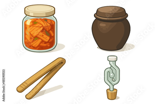 Traditional Kimchi jar, Onggi pot, wooden tongs, and fermentation airlock set