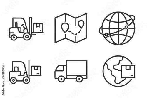 Logistics and delivery service icons set featuring global shipping, route map, forklift, and truck symbols