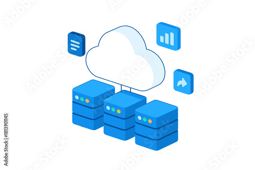 Isometric cloud computing network connected to multiple server racks and data icons