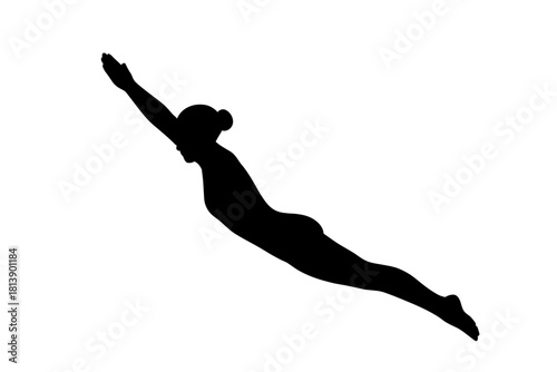 Black silhouette of a woman performing a dynamic dive or swimming motion