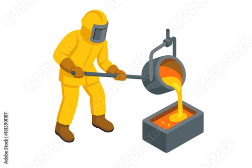 Foundry worker pouring hot molten metal from a large ladle into a casting mold