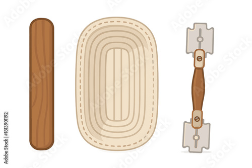 Artisan bread baking tools set with banneton proofing basket, wooden board, and dough scoring lame