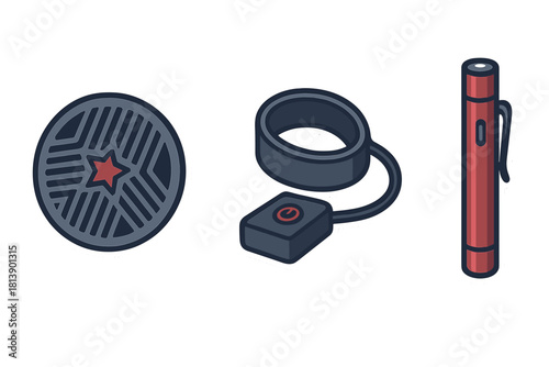 Set of three modern stylized icons featuring a star emblem, a wrist remote, and a red cylindrical device