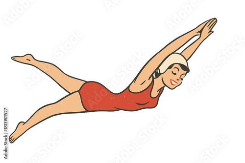 Classic retro design featuring a smiling woman swimmer diving or gliding