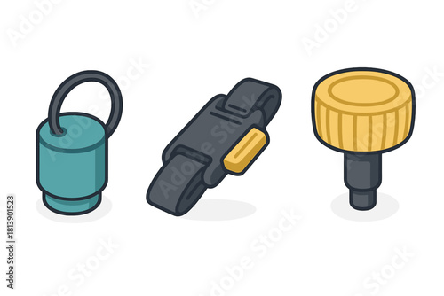 Isometric quick release plastic buckle, cylindrical weight, and ribbed control knob design elements
