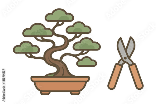 Traditional Japanese miniature bonsai tree in ceramic pot with pruning shears